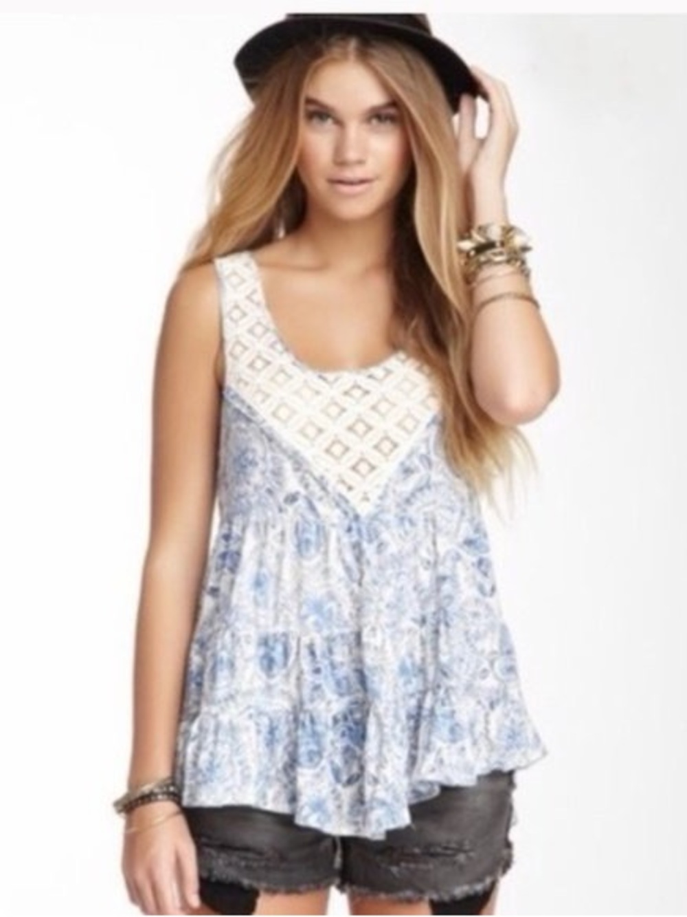 Free People sleeveless boho babydoll tunic tank top. Size Small